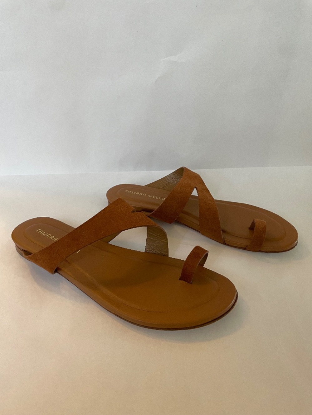 Tamara Mellon Suede Flat Slide Sandals, Toe Strap, Brown Leather, Worn 1x, Sz 11